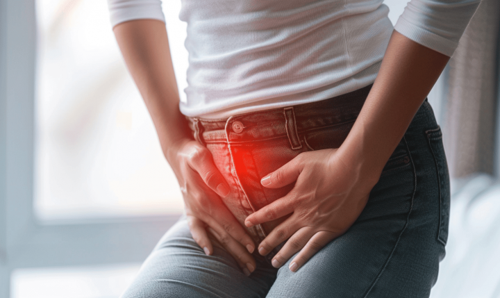 Mujer con dolor abdominal tocando su vientre, síntoma típico del colon irritable.