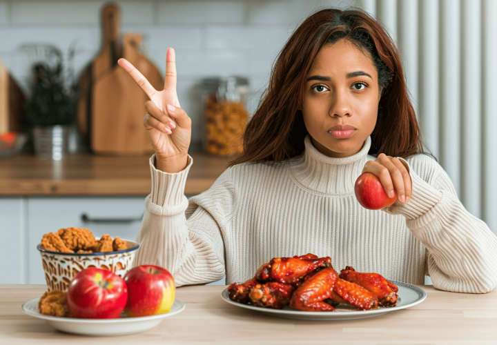 Mujer pensativa sosteniendo una manzana frente a un plato de comida saludable, relacionada con dieta y colon irritable.