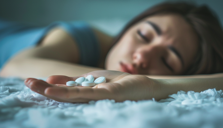 Mujer descansando con pastillas de inositol, suplemento natural que apoya la salud mental, la ansiedad y la regulación del sueño.