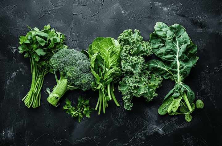 Verduras de hoja verde ricas en inositol, una fuente natural de este nutriente esencial para la salud hormonal y metabólica.