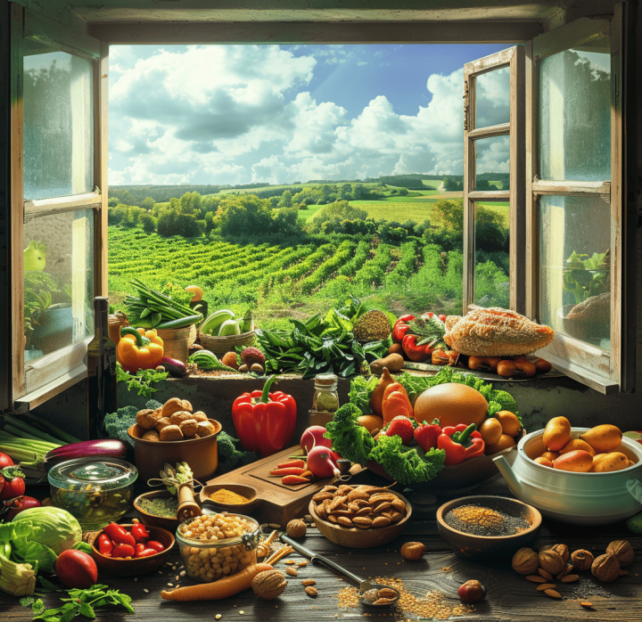 Mesa con alimentos frescos ricos en inositol, como frutas, verduras, cereales y legumbres, fuentes naturales de vitamina B8.