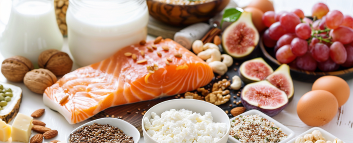 Alimentos ricos en fibra como frutos secos, salmón, yogur, frutas y cereales integrales