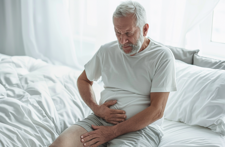 Hombre mayor con molestias abdominales sentado en la cama, posible síntoma de bilirrubina alta.