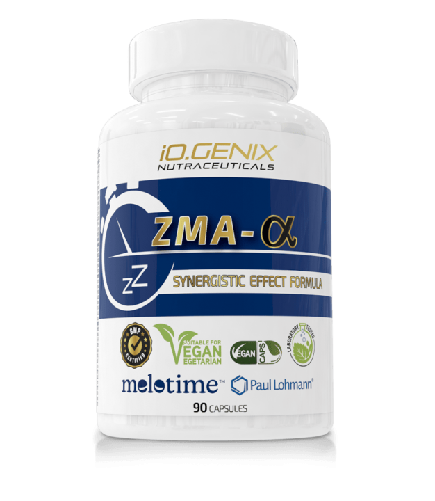 Suplemento ZMA Alpha de IO.GENIX en envase de 90 cápsulas con melatonina y minerales para mejorar el descanso nocturno y la recuperación muscular.