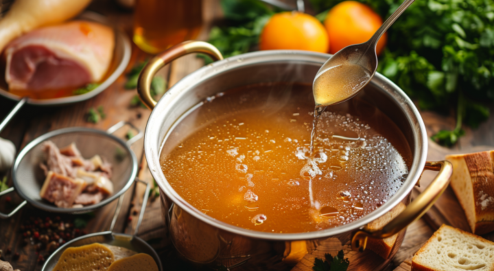 Olla con caldo de huesos casero rodeada de verduras frescas y huesos, ideal para recetas nutritivas.