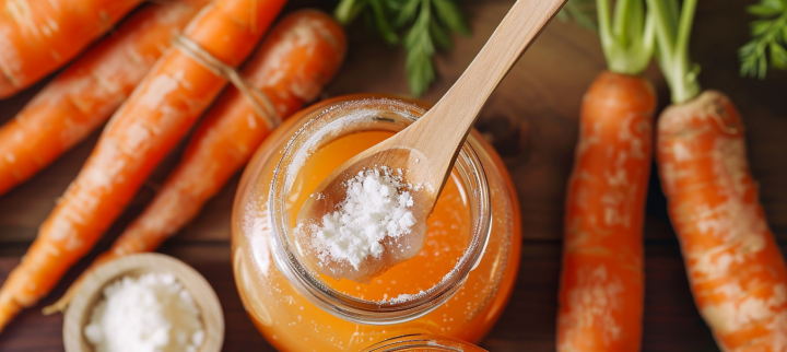 Fotografía de caldo de huesos casero acompañado de zanahorias frescas, ideal para ilustrar recetas tradicionales y nutritivas.