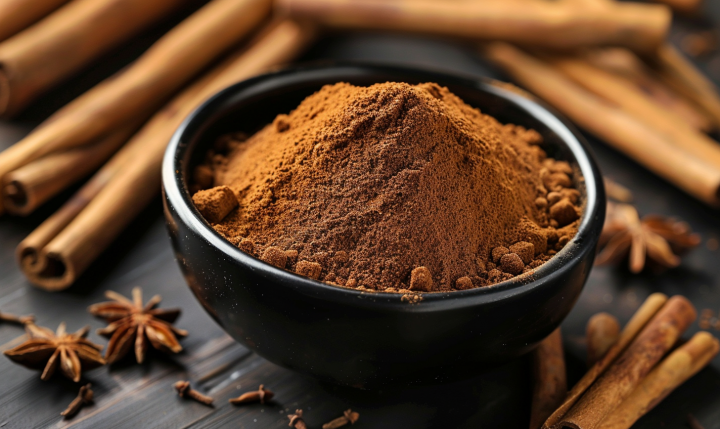 Tazón con canela molida y ramas de canela, representando los beneficios de esta especia para la salud.