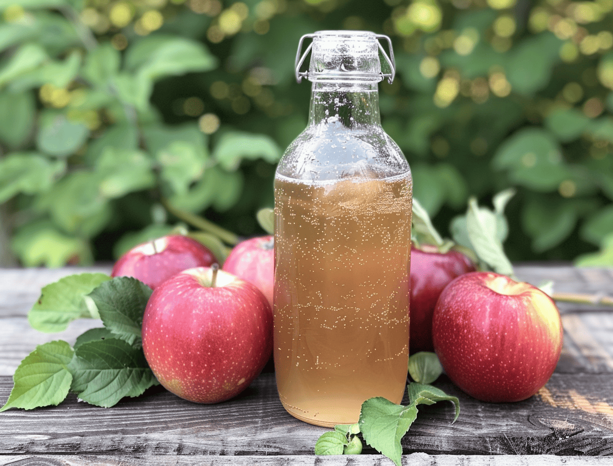 Botella de vidrio con vinagre de manzana sin filtrar rodeada de manzanas frescas sobre una mesa de madera al aire libre.