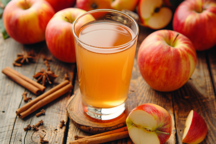 Vaso de vinagre de manzana sin filtrar rodeado de manzanas frescas y canela, bebida natural rica en probióticos.