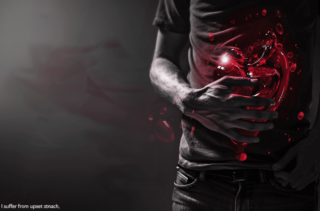 Hombre sujetando su abdomen con dolor – Ilustración de inflamación y malestar asociados a proteína-C-reactiva-alta.