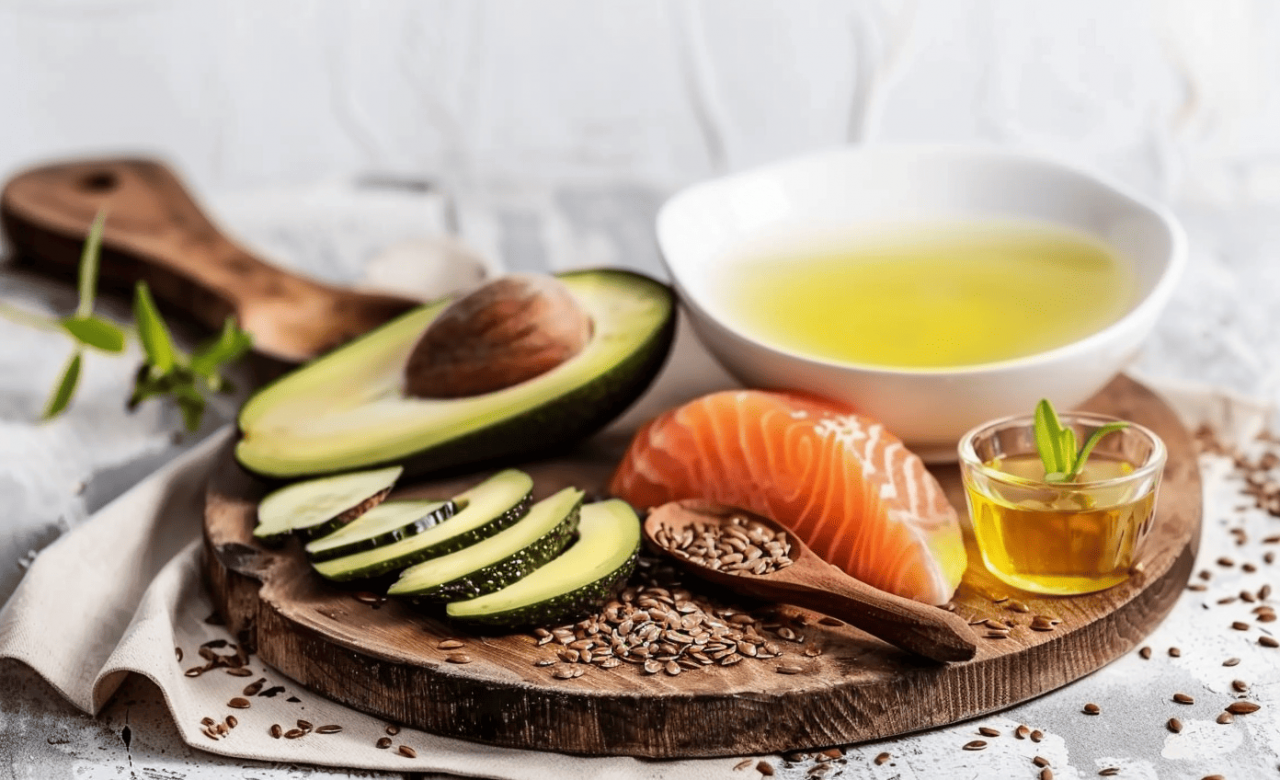 Plato-con-alimentos-para-bajar-el-colesterol-incluyendo-aguacate-salmón-semillas-de-lino-y-aceite-de-oliva-sobre-una-tabla-de-madera