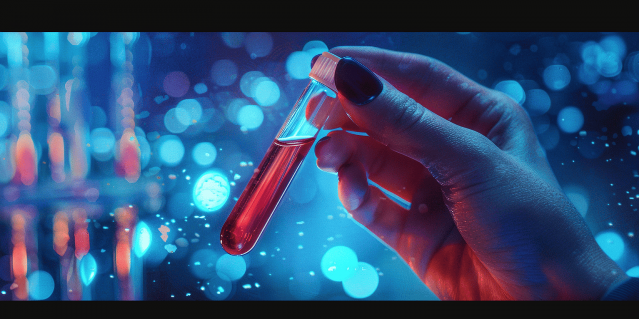 Primer plano de una mano sosteniendo un tubo de ensayo con líquido rojo brillante, representando un análisis de hemoglobina glicosilada en un laboratorio de bioquímica clínica.