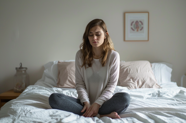 Mujer con malestar digestivo, síntoma que puede mejorar con una dieta equilibrada y el consumo moderado de vinagre de manzana sin filtrar.