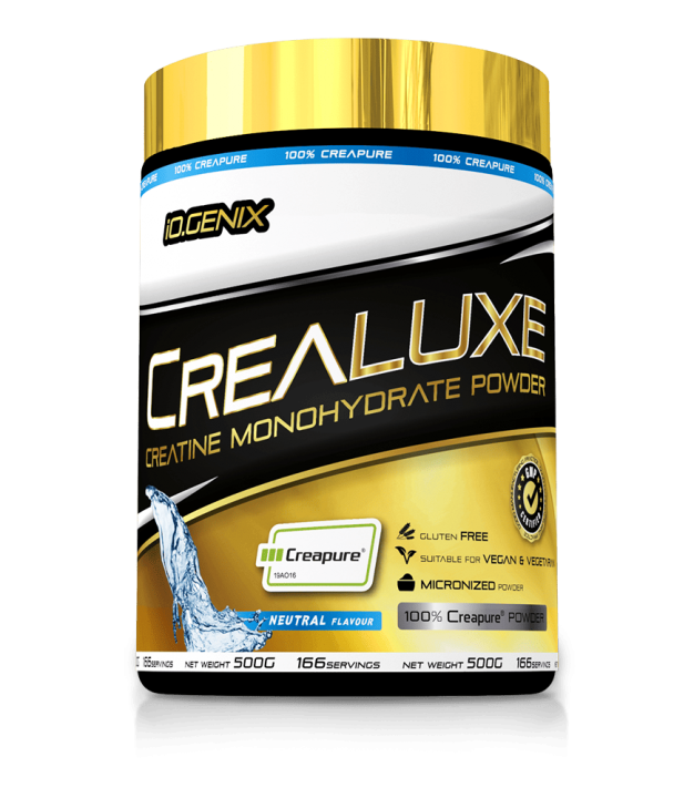 Bote de creatina Creapure Crealuxe de iO.GENIX, suplemento de creatina monohidrato de alta pureza.