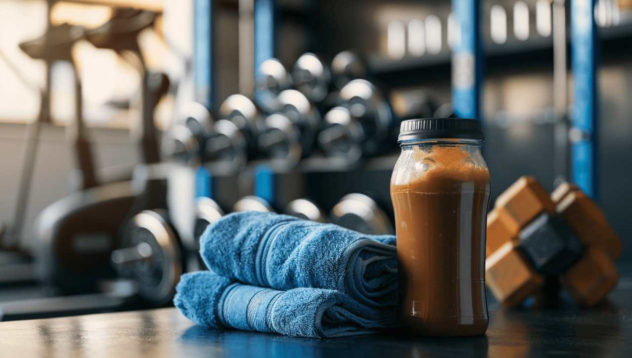 Batido con creatina Creapure en un gimnasio, acompañado de mancuernas y una toalla deportiva.