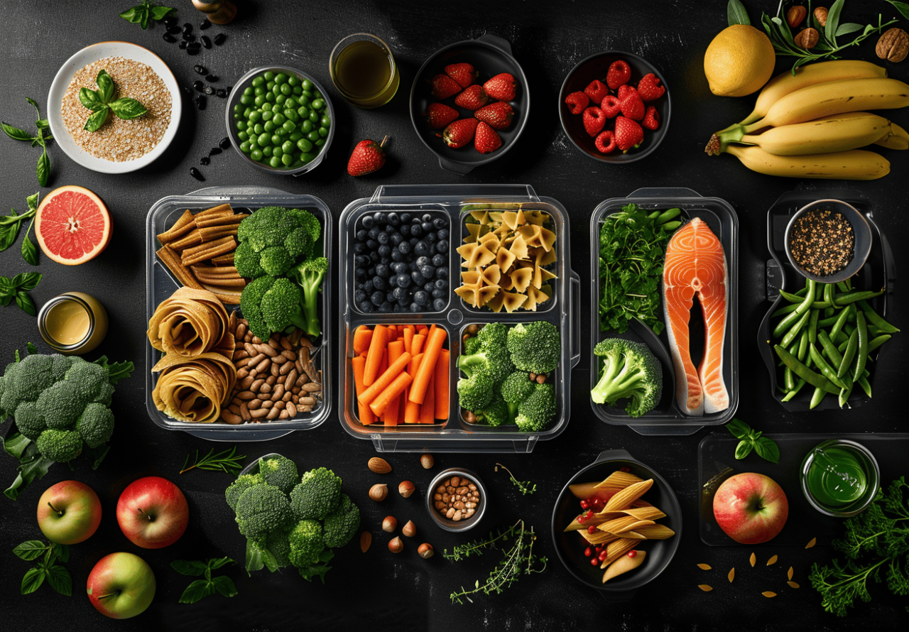Selección de alimentos saludables para una dieta para bajar el colesterol, incluyendo verduras, frutas, salmón y frutos secos.