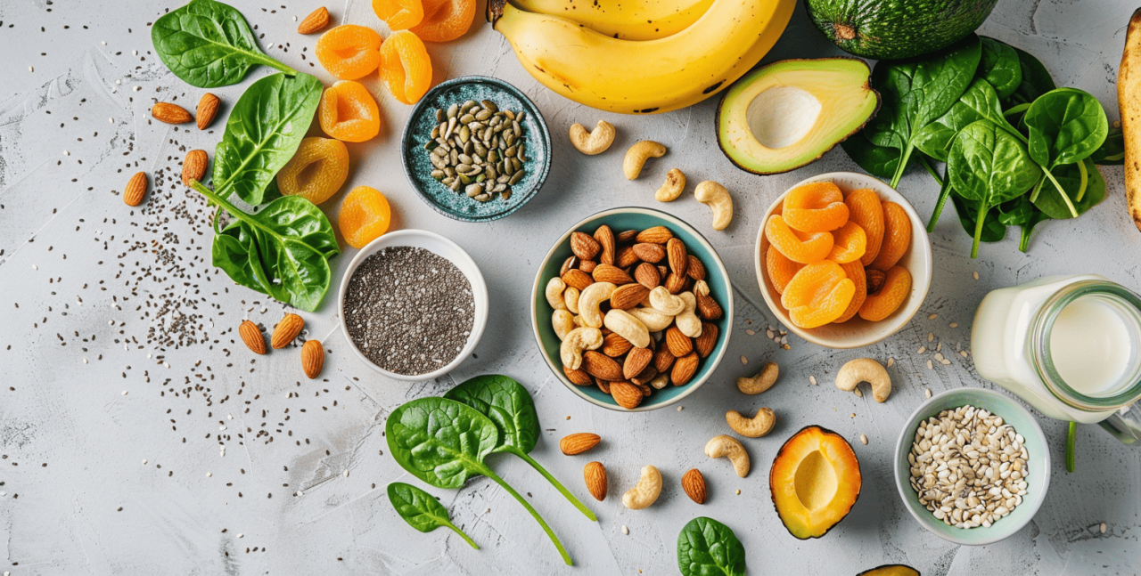 Alimentos ricos en magnesio natural junto a frutas, vegetales y semillas, ideales para complementar la suplementación con magnesio bisglicinato.