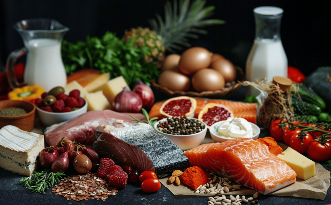 Alimentos ricos en aminoácidos esenciales sobre una mesa, incluyendo pescado, huevos, lácteos y legumbres