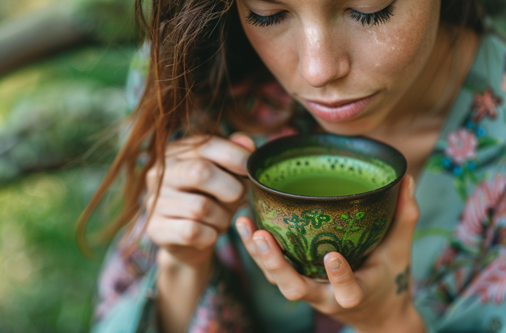 Mujer disfrutando de una taza de té matcha tradicional de color verde intenso.