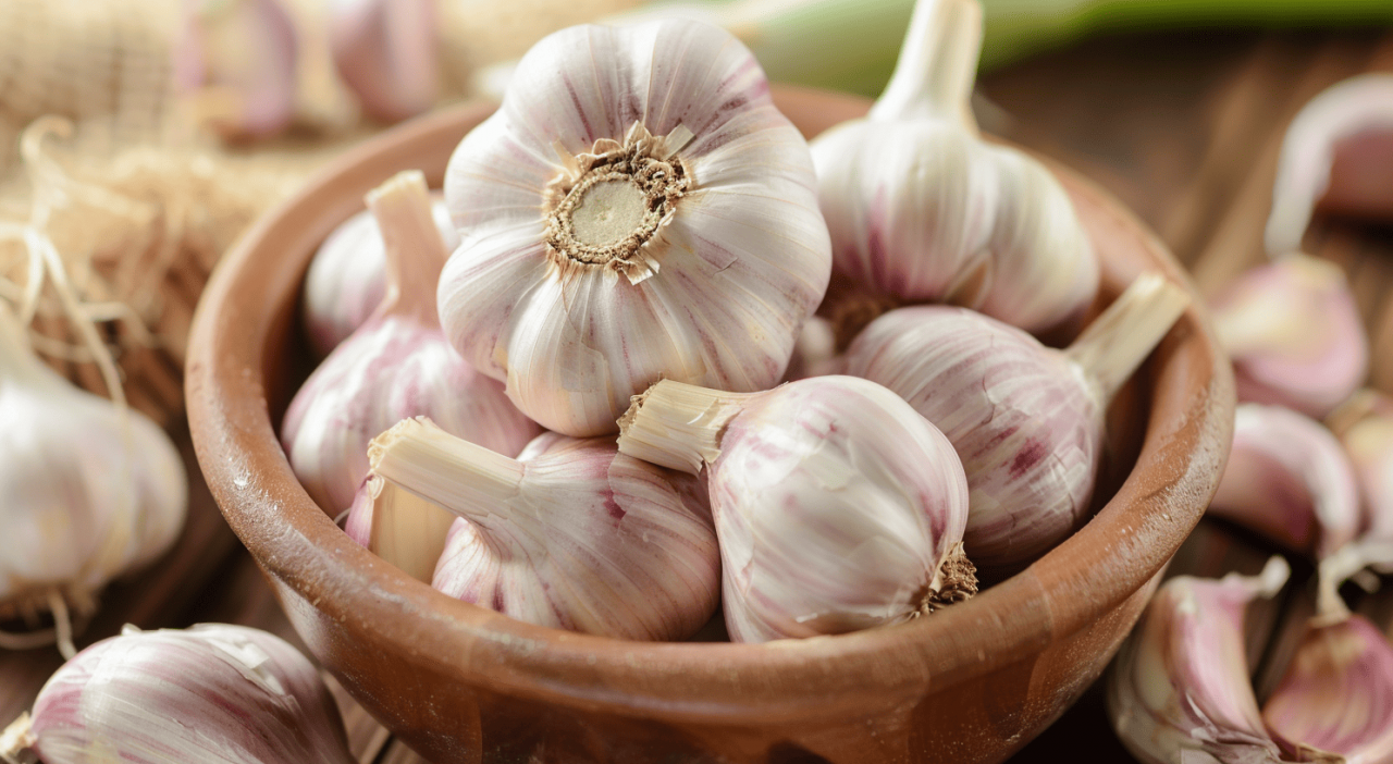 Cabezas de ajo en un cuenco de madera, una fuente natural de alicina con propiedades antioxidantes y beneficios cardiovasculares.