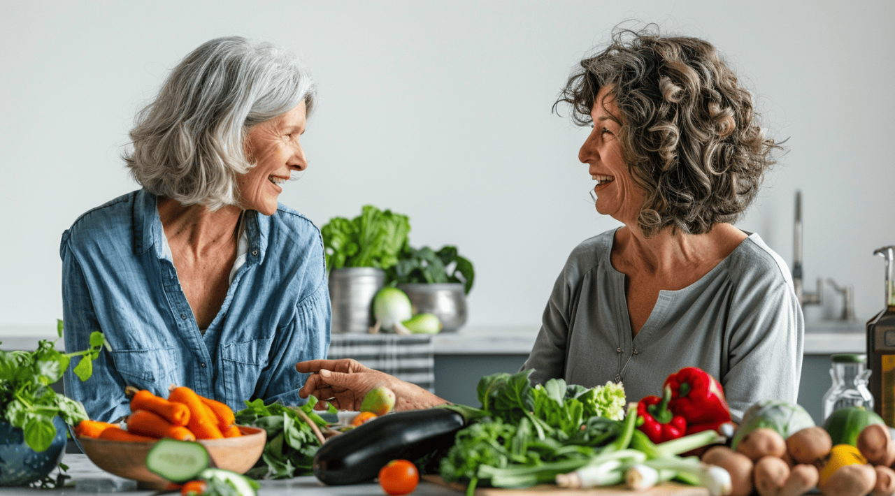 Dos mujeres maduras en la cocina preparando una comida saludable, resaltando la importancia de la vitamina D3 y K2 para la salud ósea y cardiovascular.