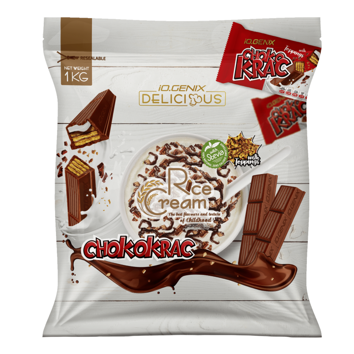 Bolsa de crema de arroz sabor chocolate crujiente (ChokoKrac) de IOGENIX, ideal como alimento energético en apagones.