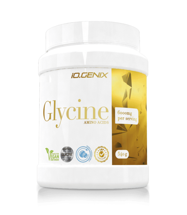 Bote de suplemento de glicina IOGENIX en polvo de 540g sabor neutro con sello vegano