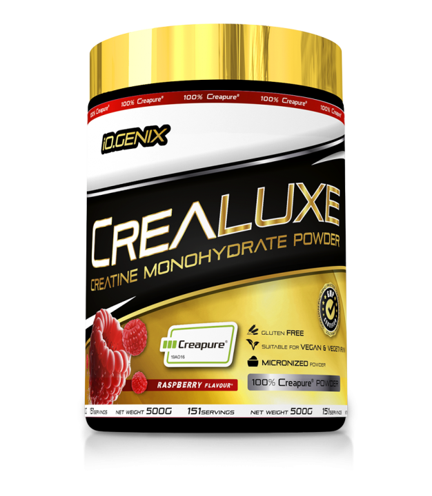 Envase de Crealuxe de iO.GENIX sabor frambuesa, suplemento de creatina monohidrato, ideal para mujeres que buscan mejorar su fuerza, salud ósea y bienestar general.