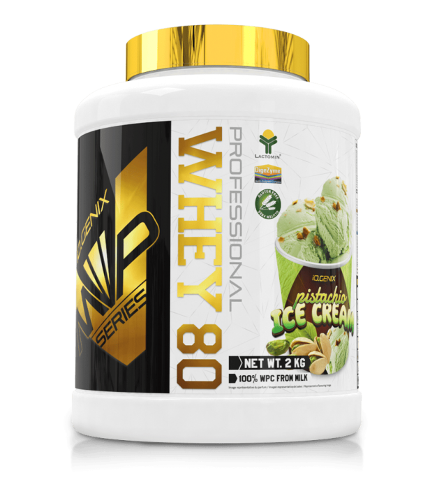 Bote de proteína Whey 80 sabor pistacho de IOGENIX, ideal como fuente de proteínas durante un apagón.