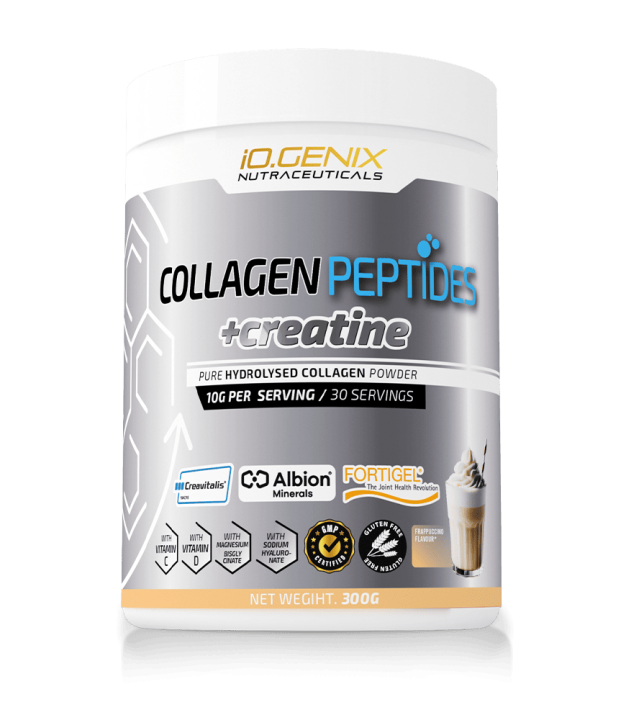 Bote de suplemento de colágeno con magnesio, creatina y otros ingredientes de iO.GENIX.