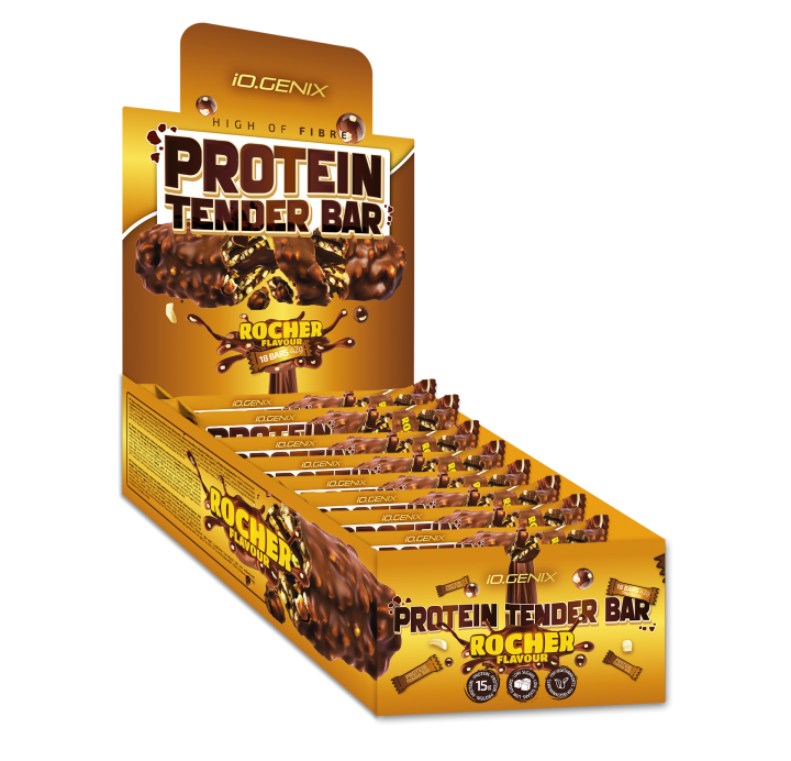Caja expositora de barritas proteicas Protein Tender Bar sabor chocolate rocher de iO.GENIX