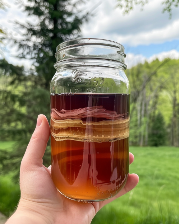 Mano sosteniendo un tarro de kombucha fermentando con su SCOBY en un entorno al aire libre
