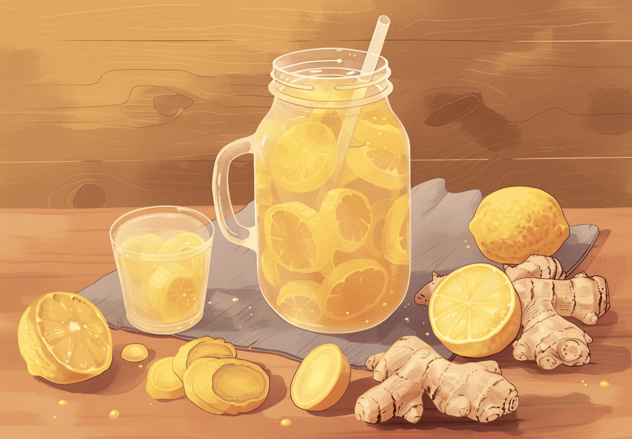Jarra de kombucha con jengibre y limón sobre mesa rústica, bebida fermentada rica en beneficios