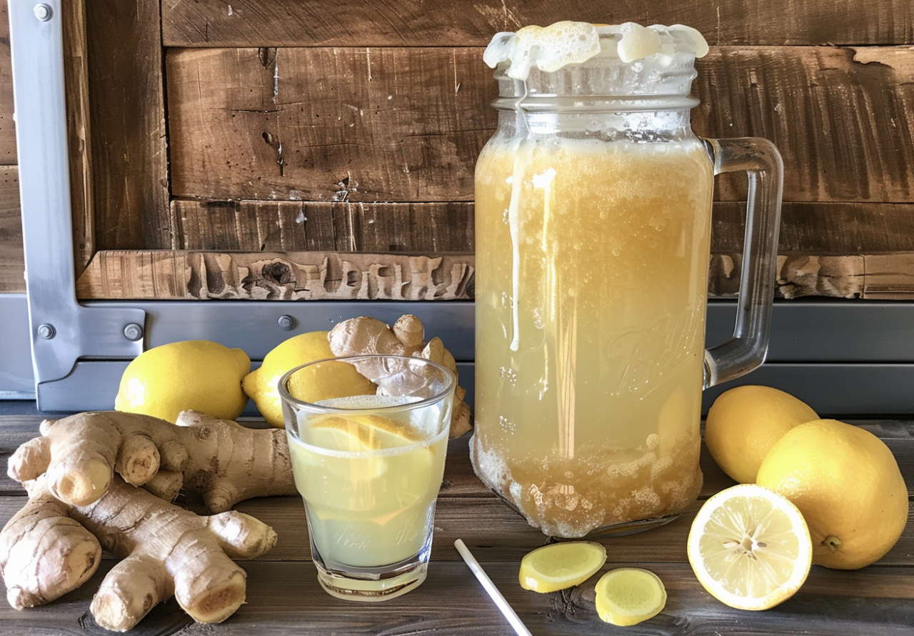 Jarra de kombucha casera con jengibre, limón y miel sobre una mesa de madera