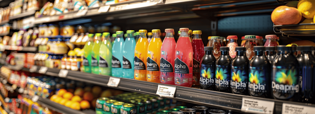 Estantes de supermercado con botellas de kombucha, ilustrando la variedad de opciones disponibles. Ideal para hablar sobre kombucha contraindicaciones.