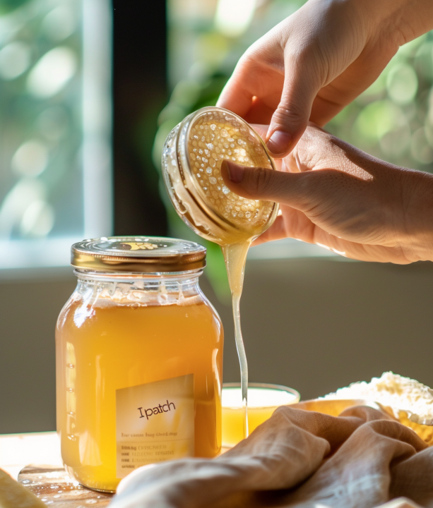 Mano retirando un SCOBY del frasco de kombucha fermentada en un entorno doméstico iluminado