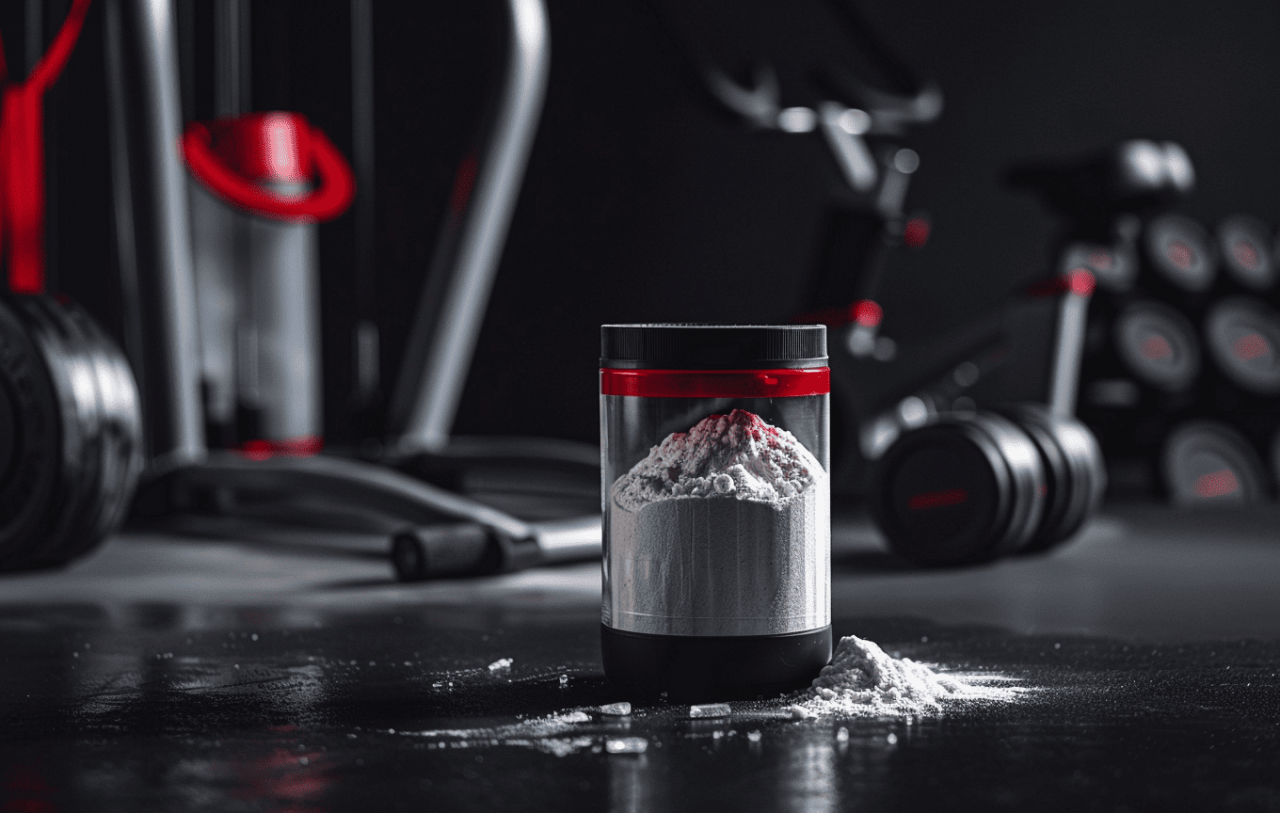 Shaker con creatina monohidrato Creapure sobre fondo de gimnasio, ideal para mostrar su pureza y uso en suplementación deportiva