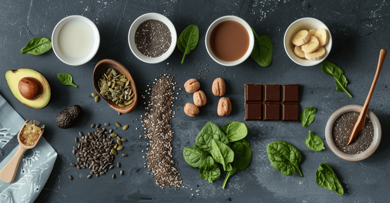 Alimentos naturales ricos en nutrientes esenciales para favorecer la producción de colágeno con magnesio de forma natural.