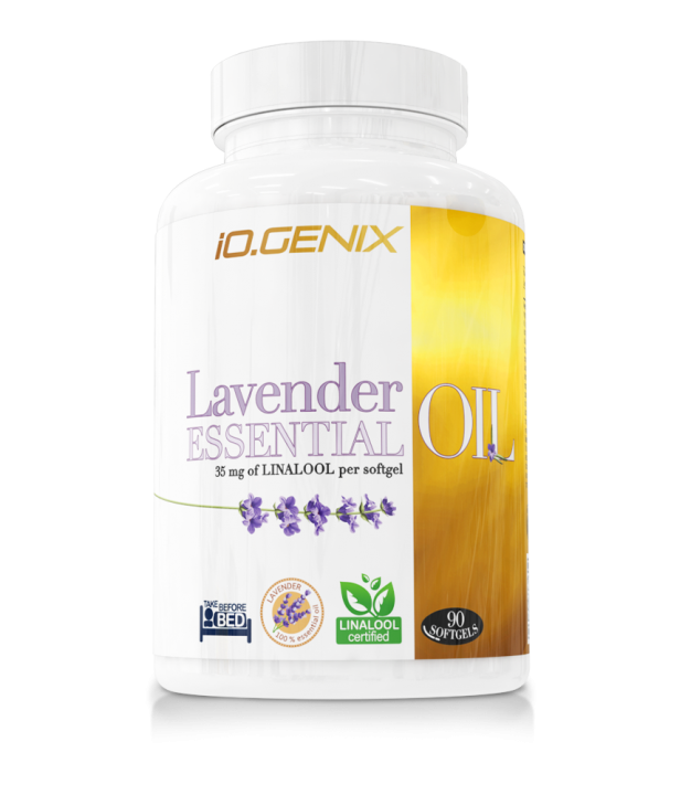 Bote de suplemento con linalool en cápsulas de Lavender Essential Oil de iO.GENIX.
