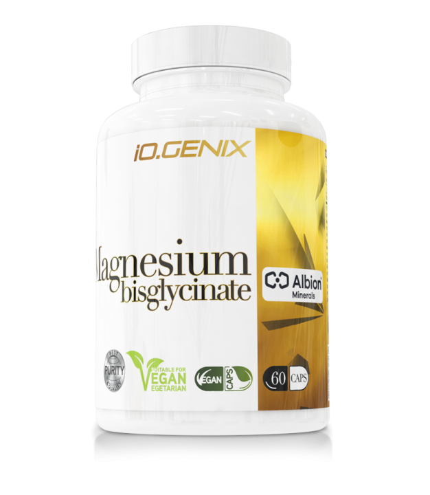 Suplemento de magnesio bisglicinato iO.GENIX en cápsulas, ideal para personas que toman cafeína diariamente.
