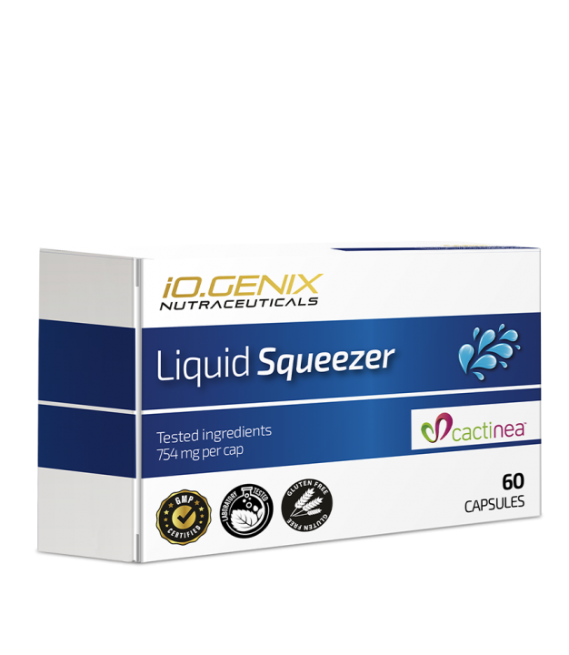 Caja de cápsulas iO.GENIX Liquid Squeezer con extracto de cola de caballo y activos drenantes naturales.