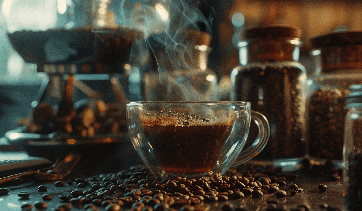 Taza de café humeante en una mesa de madera, rodeada de frascos con granos, ideal para ilustrar el hábito de tomar cafeína.