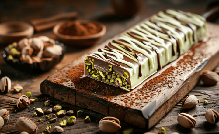 Barra de chocolate estilo Dubai con cobertura blanca y base de chocolate oscuro decorada con frutos secos.