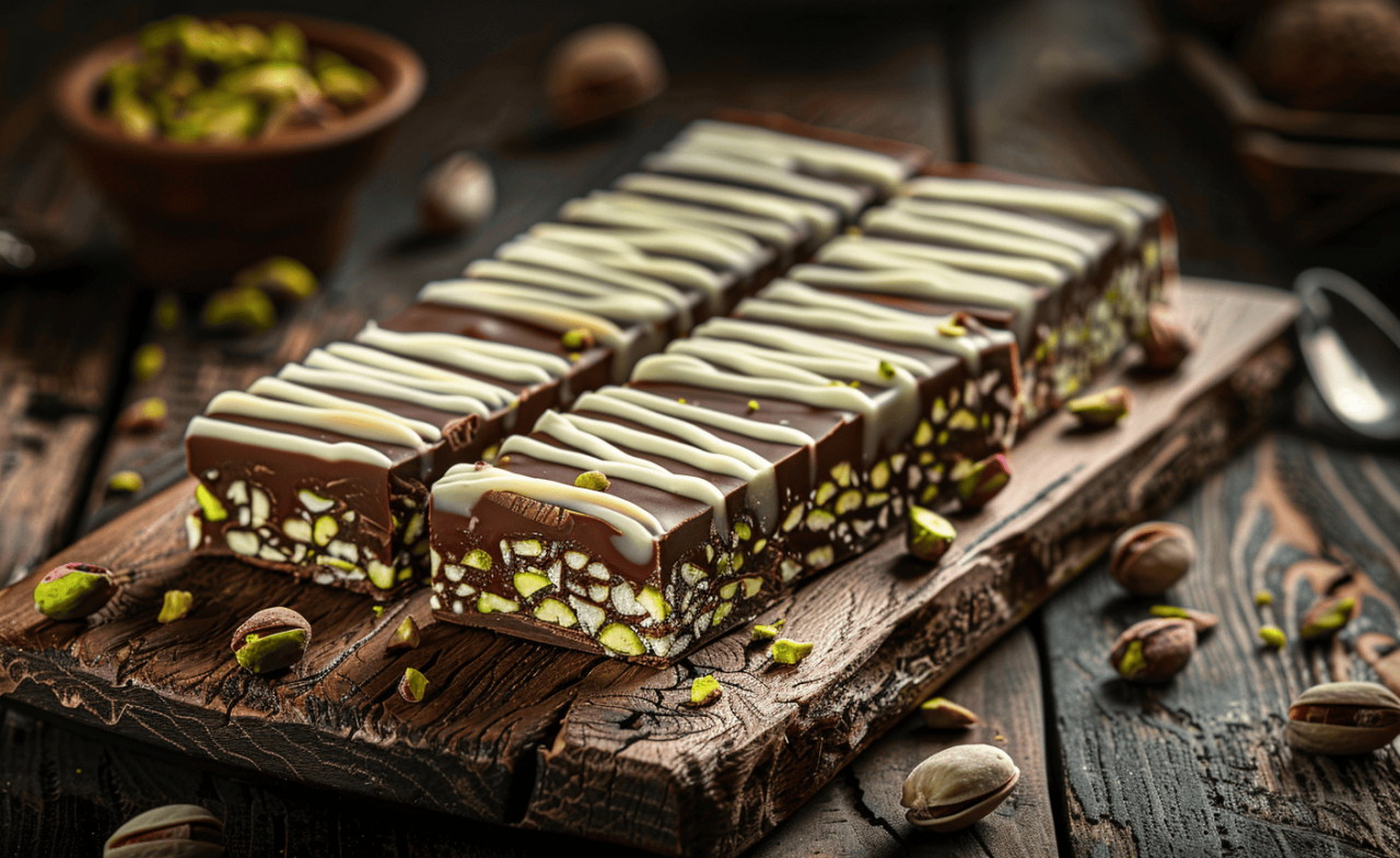 Barra de chocolate estilo Dubai con cobertura de chocolate blanco y frutos secos sobre tabla de madera.