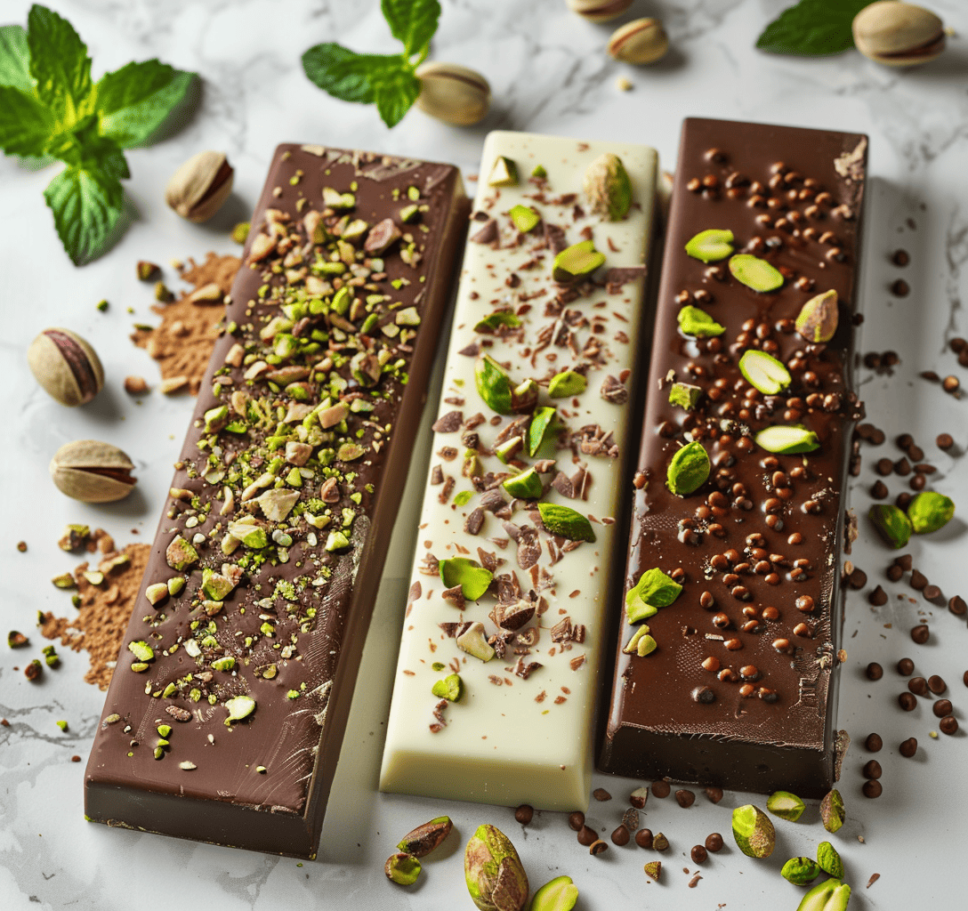 Tres tabletas gourmet de chocolate blanco, con leche y negro, cubiertas con hojas y trozos de pistacho, sobre fondo blanco. Representación hiperrealista del chocolate de Dubái artesanal.