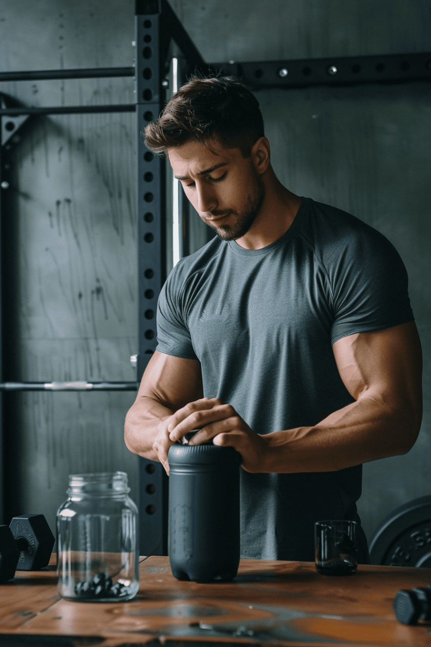 Hombre preparando sus suplementos junto a un pastillero sobre la mesa, en un entorno deportivo