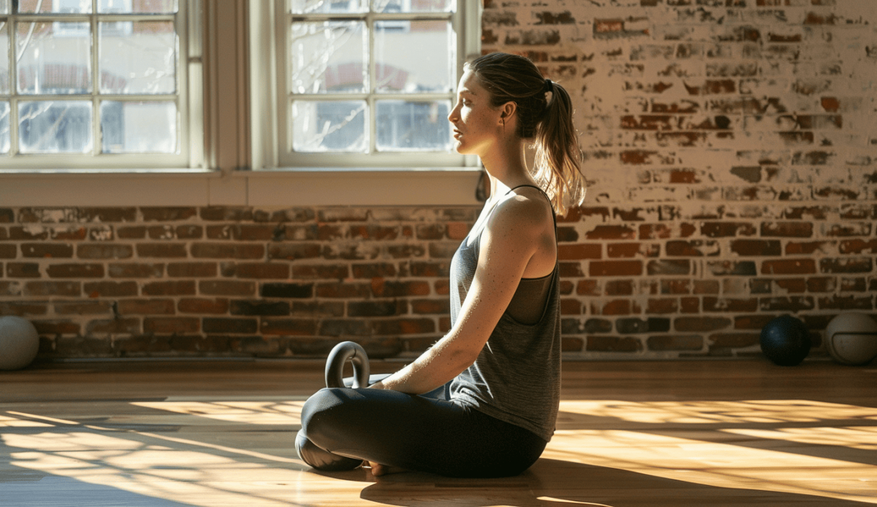 Mujer sentada realizando ejercicio con kettlebell en una sala iluminada con luz natural.