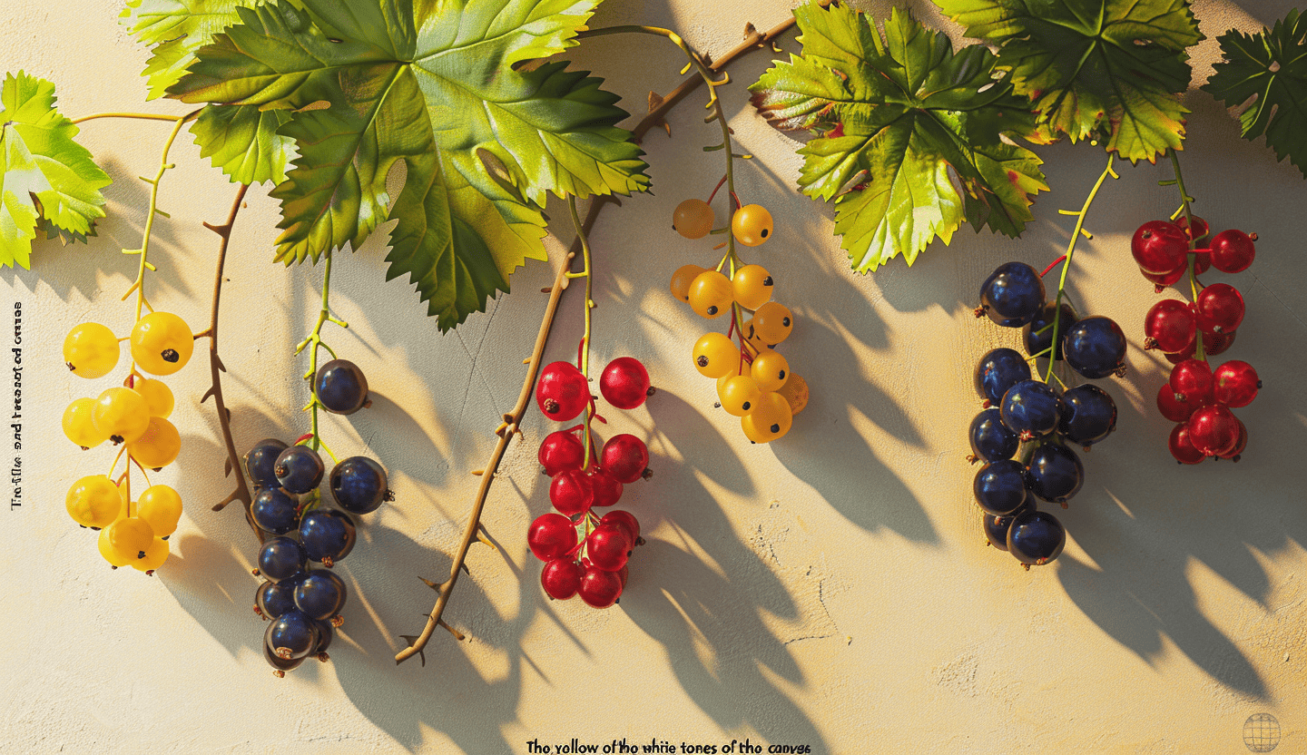 Racimo de grosella rojas, negras y blancas colgando de ramas con hojas verdes, iluminadas por la luz natural.