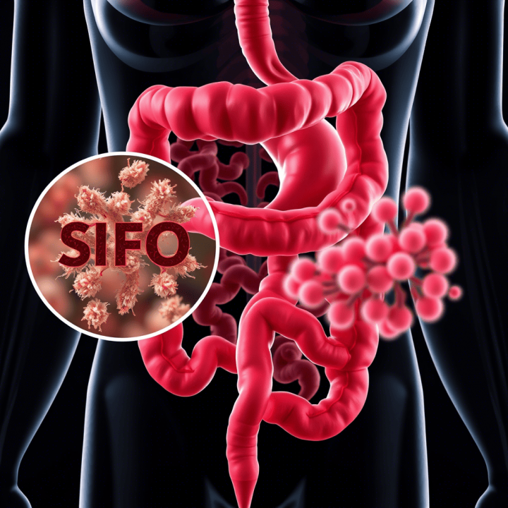Ilustración del sistema digestivo humano con representación ampliada de microorganismos, relacionada con SIFO (sobrecrecimiento fúngico en el intestino delgado).