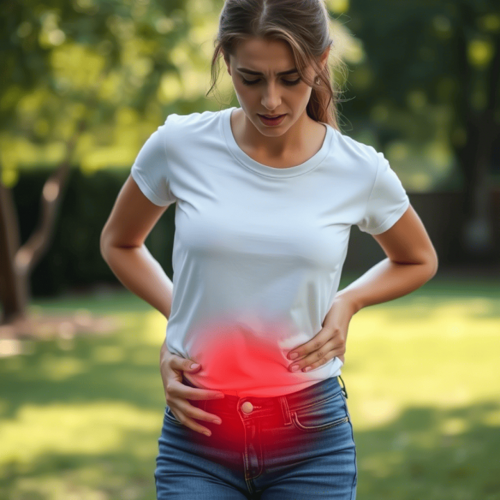 Mujer joven con dolor abdominal bajo, posible síntoma de SIFO o trastorno digestivo relacionado con el intestino delgado.